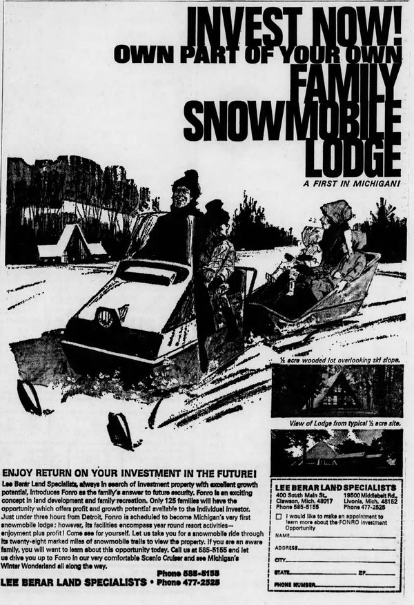 Fonro Lodge Resort Motel (Cole Creek) - 1970 Ad On Snowmobiles
